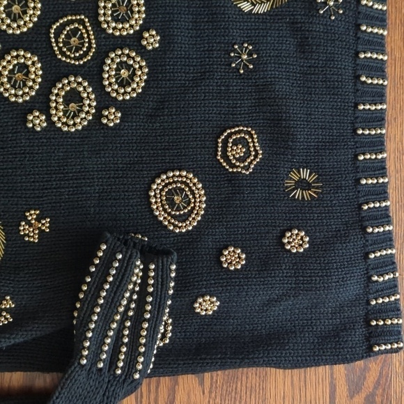Vtg 80s black knit gold beads "Dynasty" style cotton tunic cowl sweater sz S - Picture 10 of 16